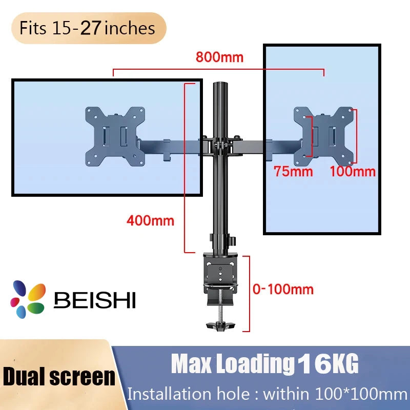 Freestanding Dual Monitor Stand with Height Adjustment, Tilt, Swivel, Rotation up to 27 Inches