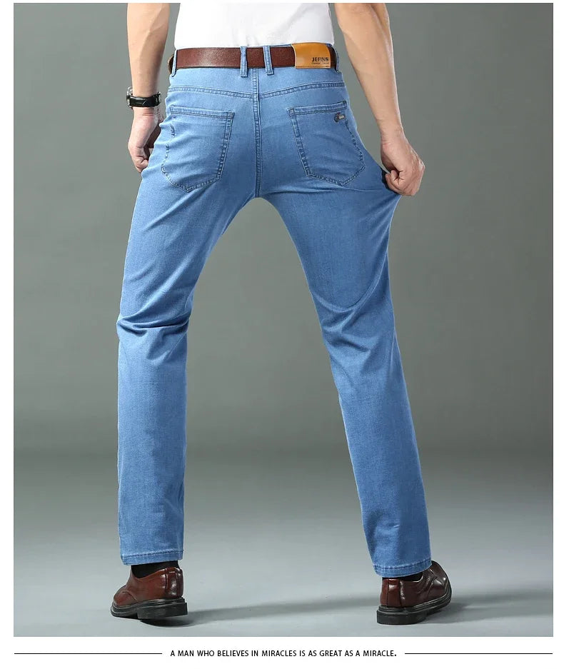 New Ice Silk Thin Denim Jeans For Men Blue Straight Stretch Cotton Pants Business Casual Lightweight Trousers Spring Summer - Buy online at  Vibe In Cart.