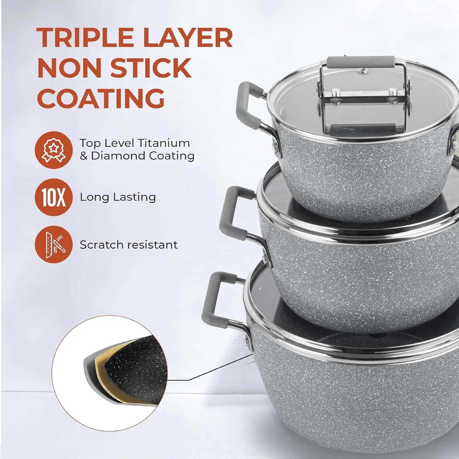 Nonstick Stackable Cooking Pots Set, 6-Piece Gray Granite Stone Kitchen Cookware with Lids, Dishwasher Safe & Toxin Free - Buy online at  Vibe In Cart.