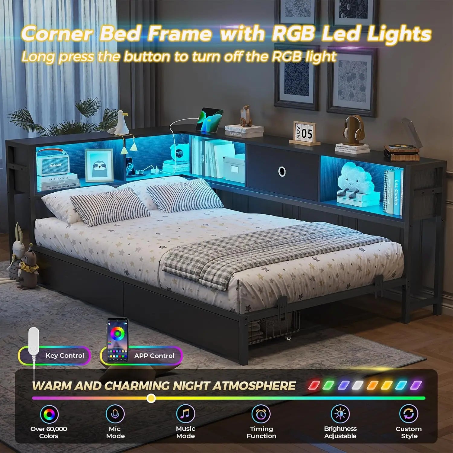 DICTAC Twin Corner Bed Frame w/ Bookcase, Storage Drawers & Charging Station - LED Lights Daybed for Living Room/Bedroom/Guest - Buy online at  Vibe In Cart.