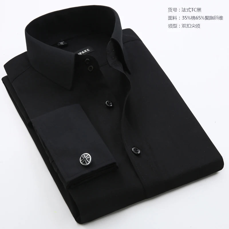 Men's Slim Fit Long Sleeved Solid Color Cotton Polyester Shirt with French Cufflinks