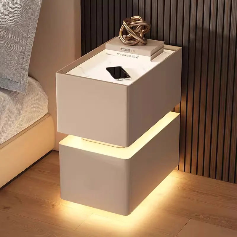 Wooden Bedside Table with Wireless Charging, Sensor Light, and 1 Drawer