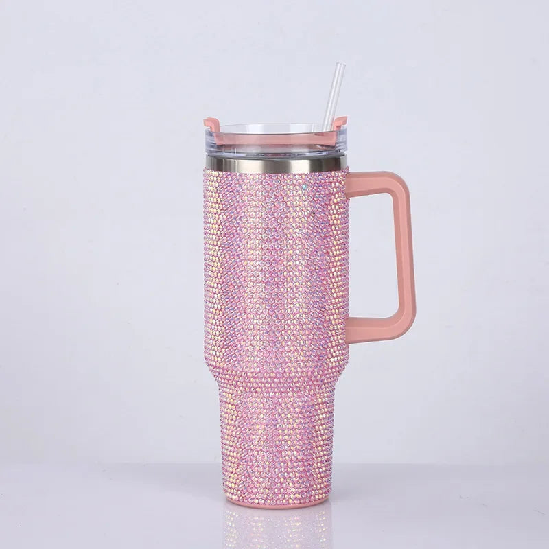 40oz Stainless Steel Insulated Tumbler with Rhinestones and Straw