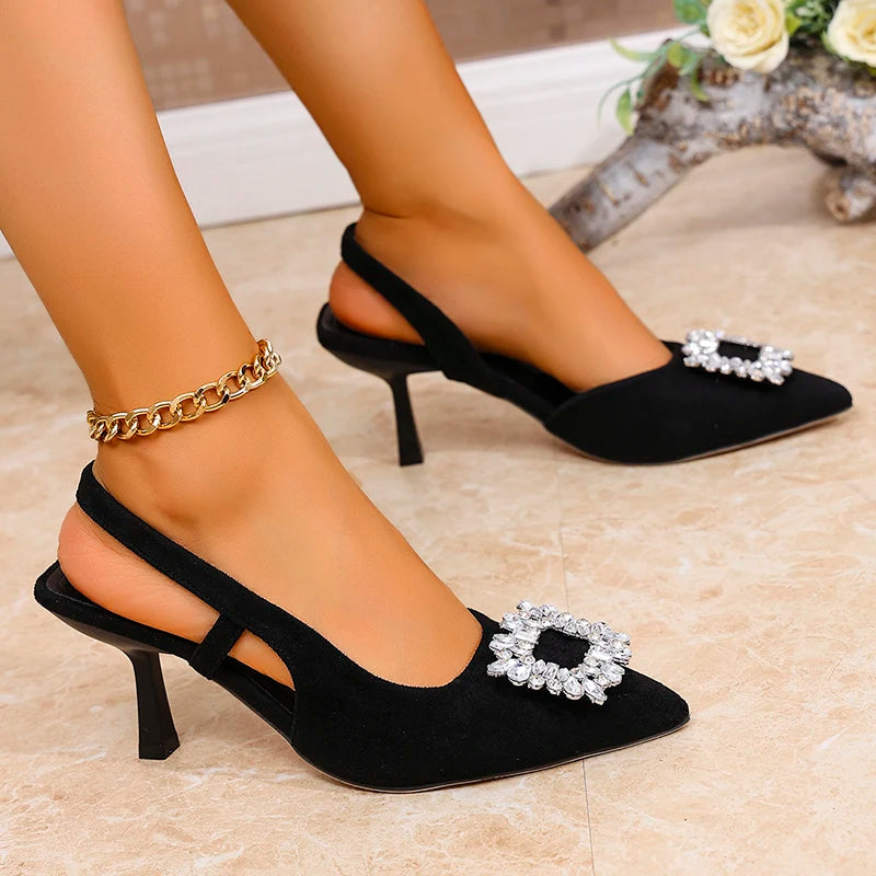 High Heels Sandals Women Crystal Square Buckle Spring Summer Slip On Pointed Toe Pumps Woman Thin Heel Party Wedding Shoes Mujer - Buy online at  Vibe In Cart.