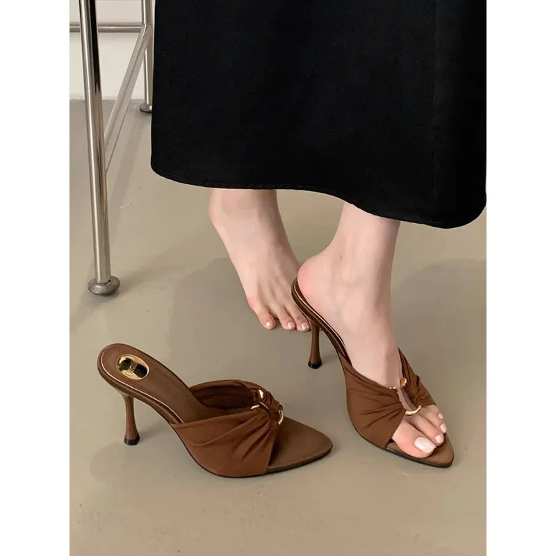 New Design Pleated Hollow Out Thin Low Heels Women Slippers Fashion Pointed Toe Party Dress Female Summer Shoes - Buy online at  Vibe In Cart.