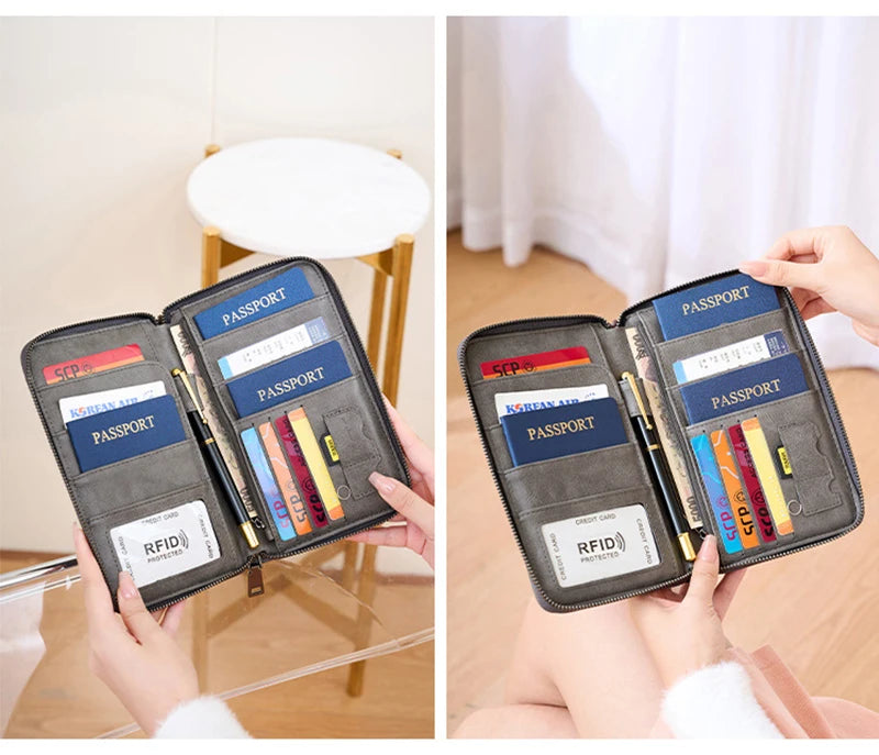 Multifunctional Travel Passport Wallet with RFID Protection in Microfiber Leather