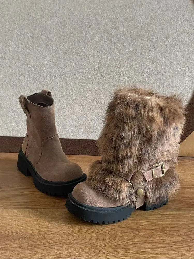 Women's Mid-Calf Snow Boots with Square Heel and Plush Lining