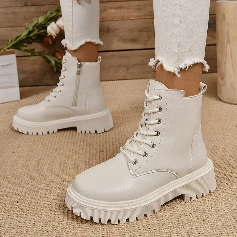 Winter Warm Short Plush Ankle Boots Women Fashion Zip Lace Up Platform Combat Boots Woman Comfy Low Heels Pu Leather Botas Mujer - Buy online at  Vibe In Cart.