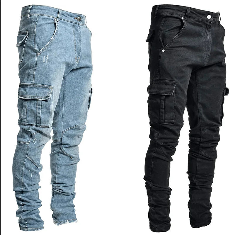 2025 New Men Street Elastic Denim Brand Jeans Narrow Legs Multi Pockets Cargo Pants Casual Slim Fit Daily Wear Joggers Mid Waist - Buy online at  Vibe In Cart.