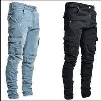 2025 New Men Street Elastic Denim Brand Jeans Narrow Legs Multi Pockets Cargo Pants Casual Slim Fit Daily Wear Joggers Mid Waist - Buy online at  Vibe In Cart.