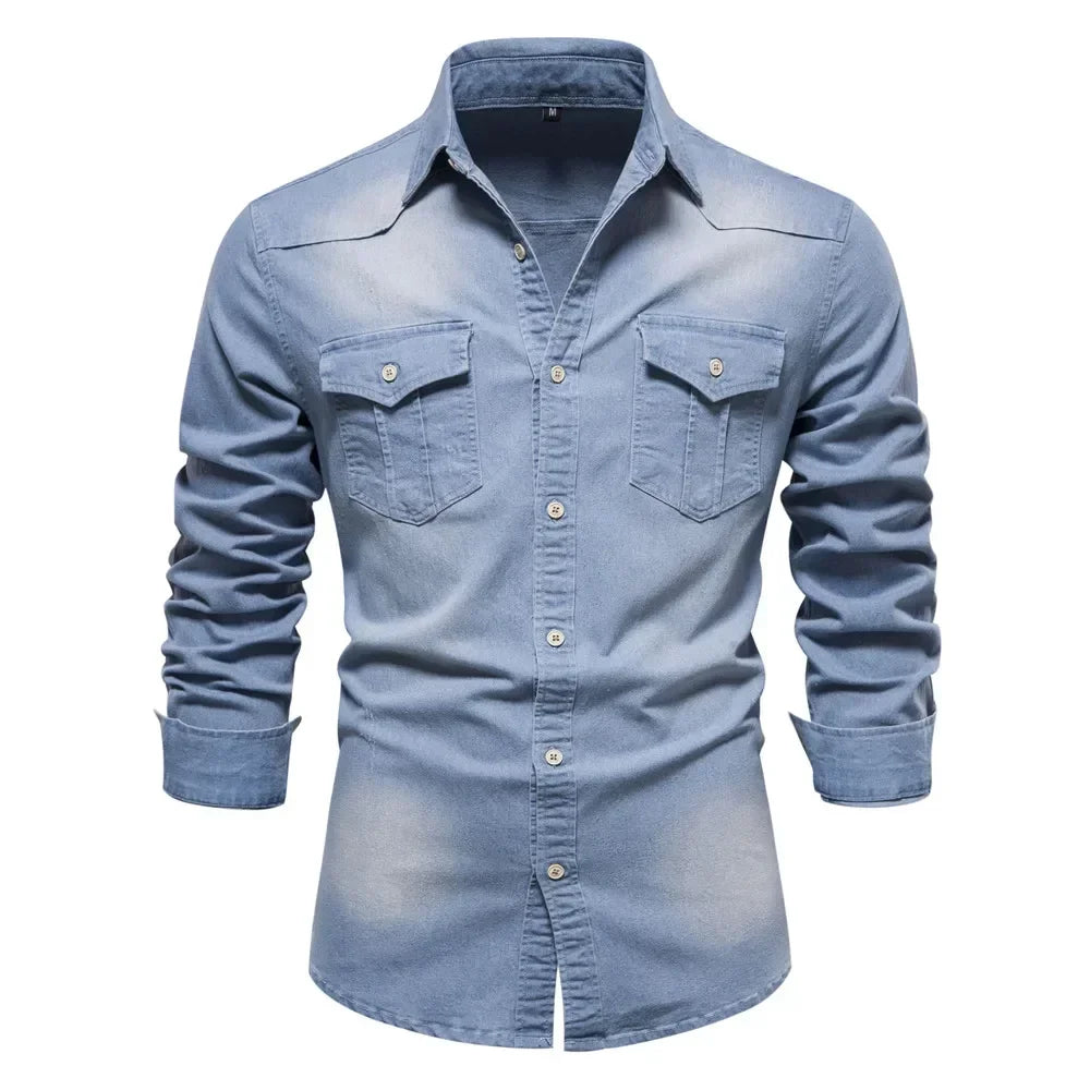 Men's Long Sleeve Cotton Denim Shirt Slim Fit Casual