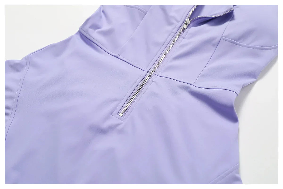 Sleeveless Zipper Tennis Dresses Women's Push-up Workout Yoga Dress Sexy Solid Bodysuit Jumpsuit Skirt Gym Dance Fitness Clothes