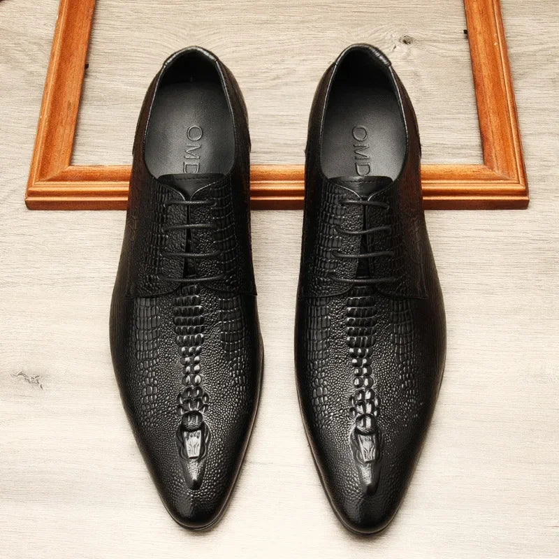 Men's Black And Blue Genuine Leather Oxford Shoes With Crocodile Pattern