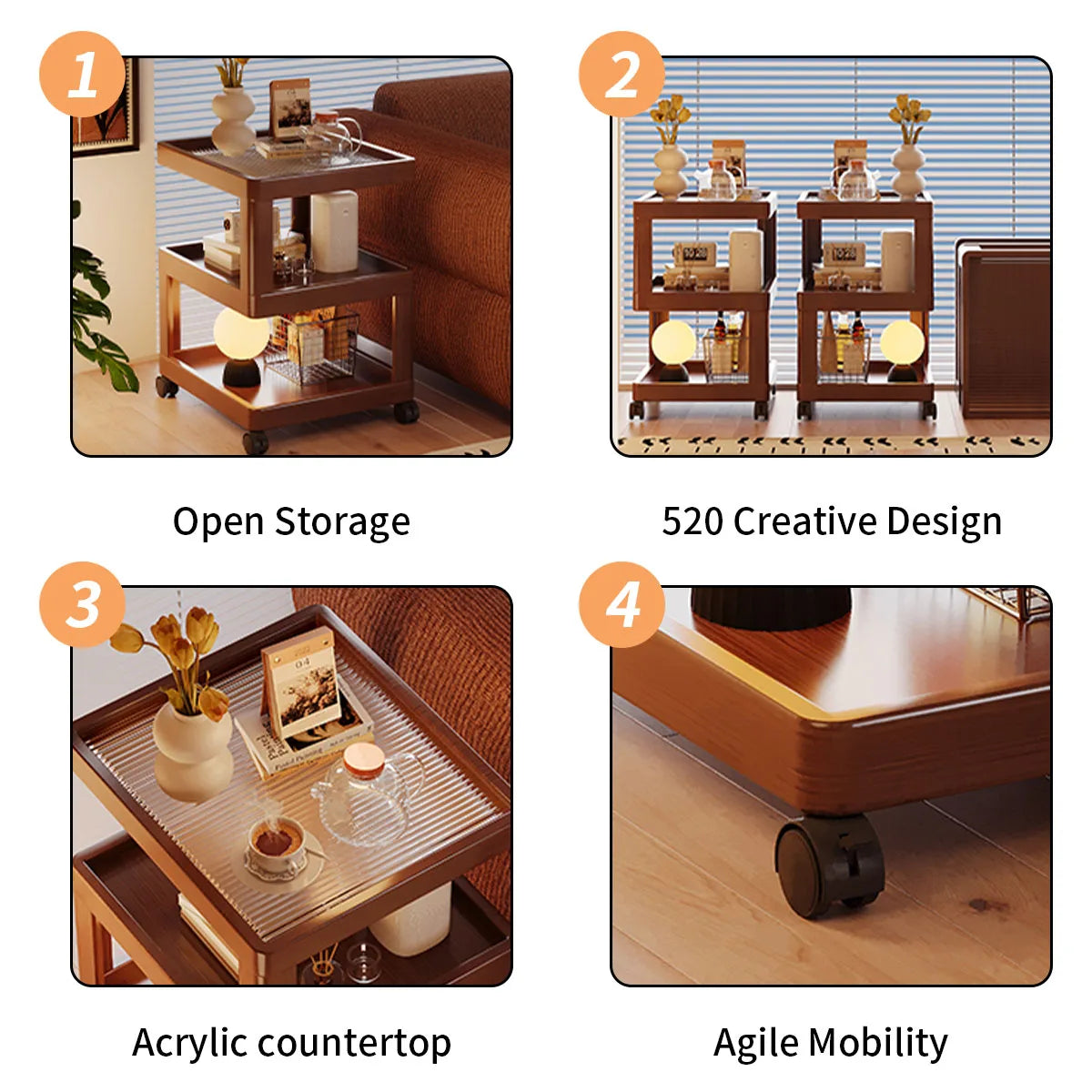 Geometric 3-Tier Bamboo Storage Side Table with Acrylic Surface & Wheels, Tea Brown Living Bedroom Furniture - Buy online at  Vibe In Cart.