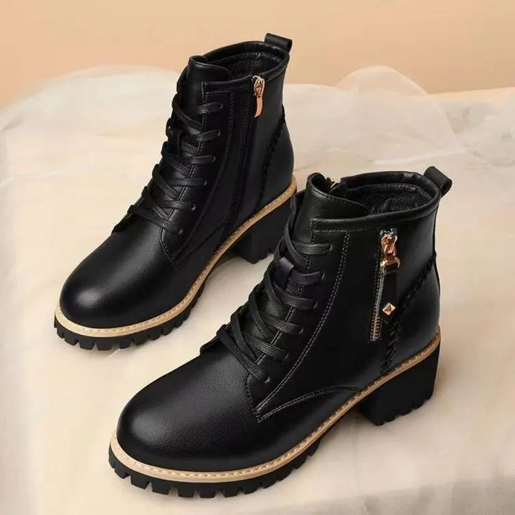 Women's Chunky Sole Ankle Boots     Lace-Up & Side-Zip Combat Boots Winter Fleece-Lined Booties Versatile Leather Boots Platfo - Buy online at  Vibe In Cart.