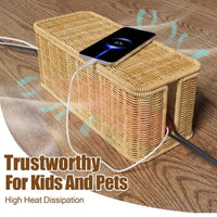 Rattan Cable Management Box with 2 Open Slots for Under Desk