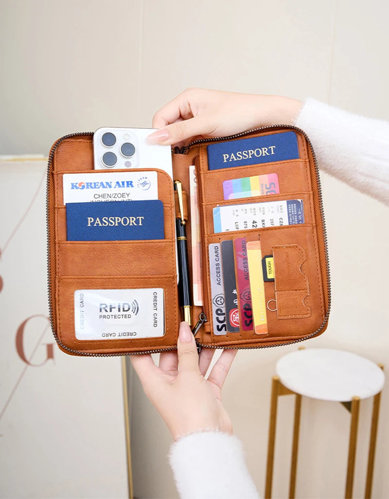 Multifunctional Travel Passport Wallet with RFID Protection in Microfiber Leather