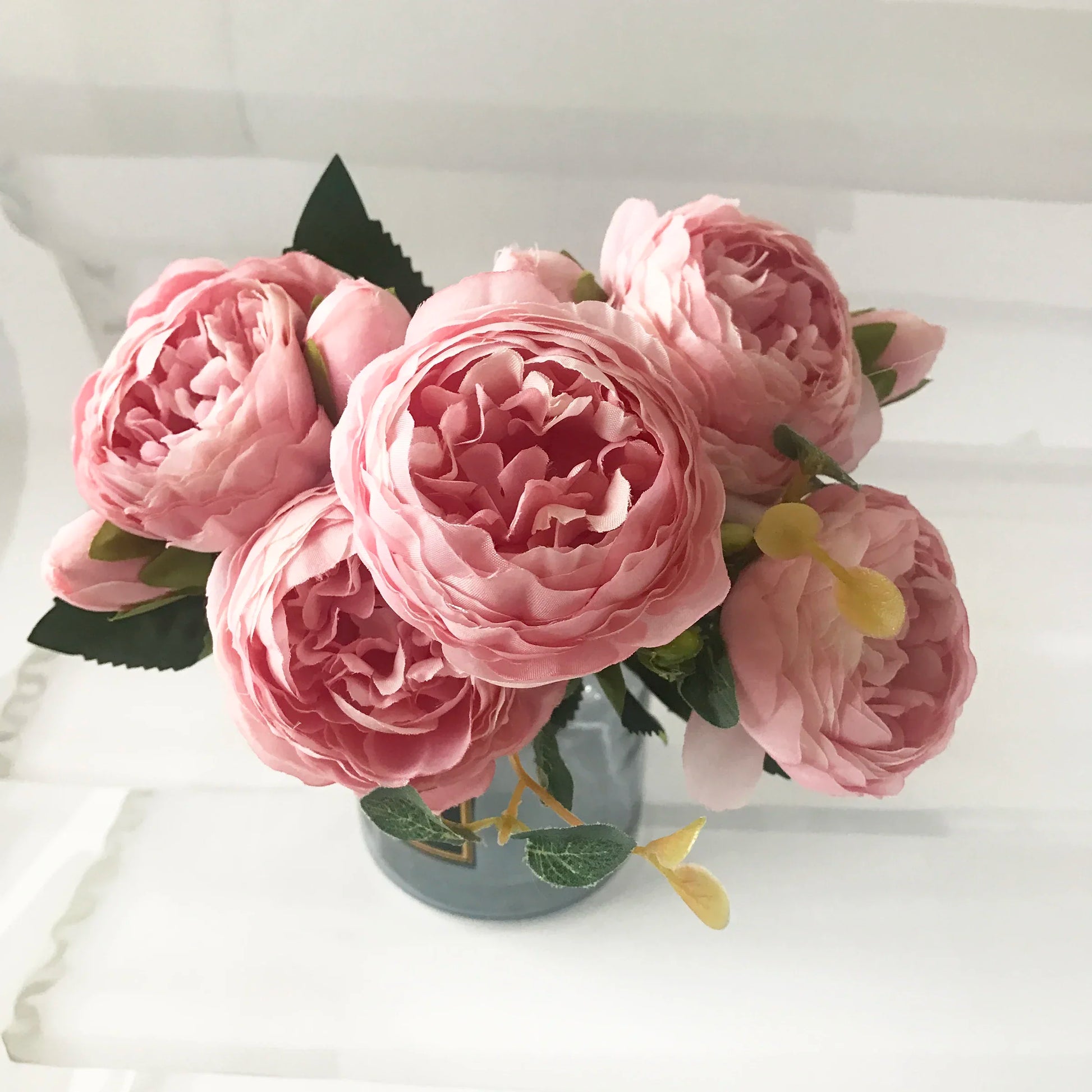 Artificial Peony Flowers Bouquet 30cm Rose Pink Silk with 5 Heads and 4 Buds