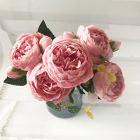 Artificial Peony Flowers Bouquet 30cm Rose Pink Silk with 5 Heads and 4 Buds