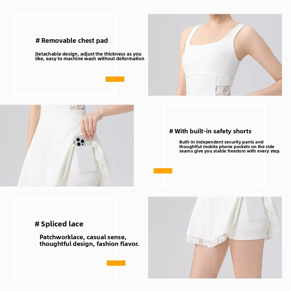 2026 New tennis dress ballet dress sexy back cross lace badminton anti-light lacework Separate shorts yoga golf sports dress