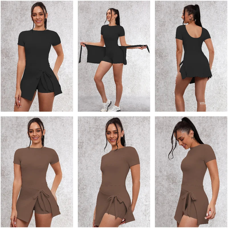 VITALINOVO Tennis Dress for Women Short Sleeve Crewneck Wrap Sarong Skirt Built in Shorts U Back Workout Golf Athletic Dresses