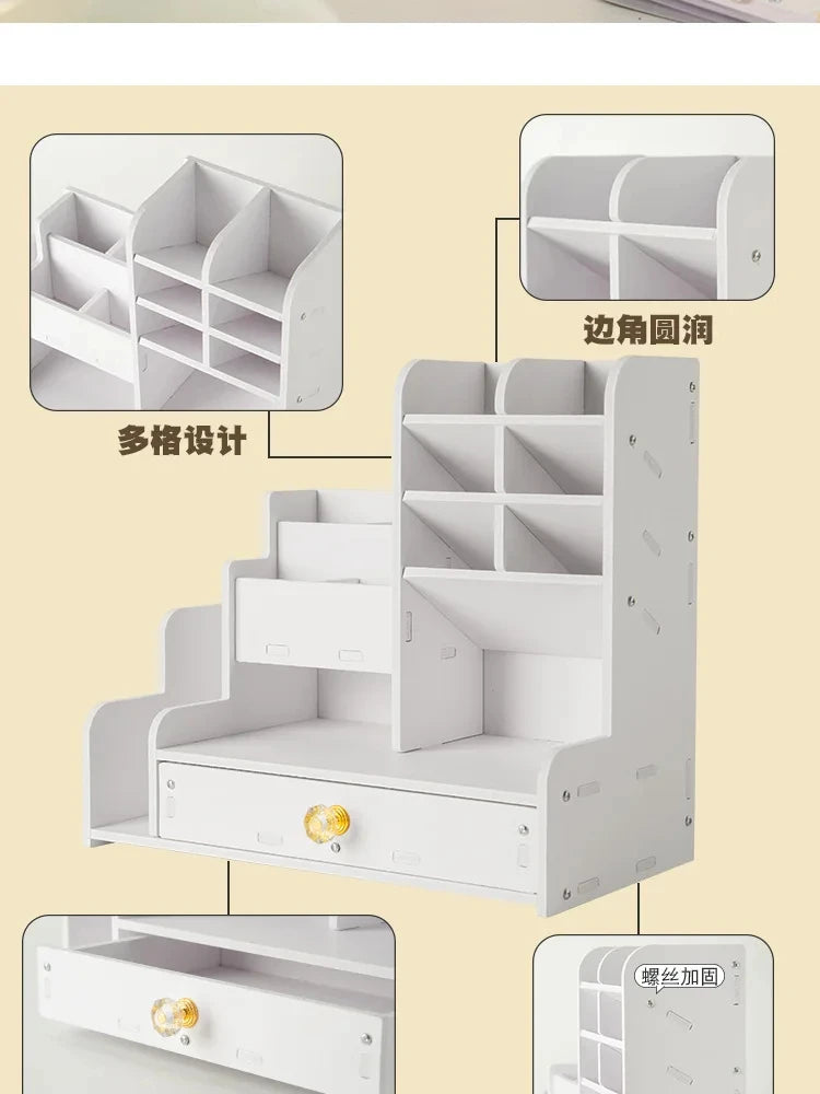 Wooden Pen and Pencil Holder with Organizer Shelves