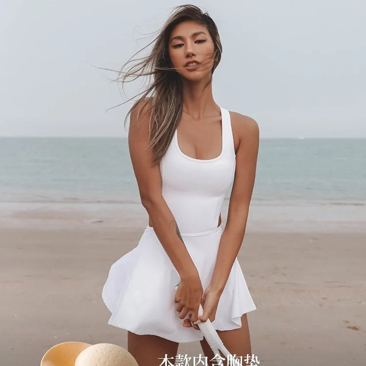 Women's Sleeveless Short Skort Dress with Padding, Nylon Spandex