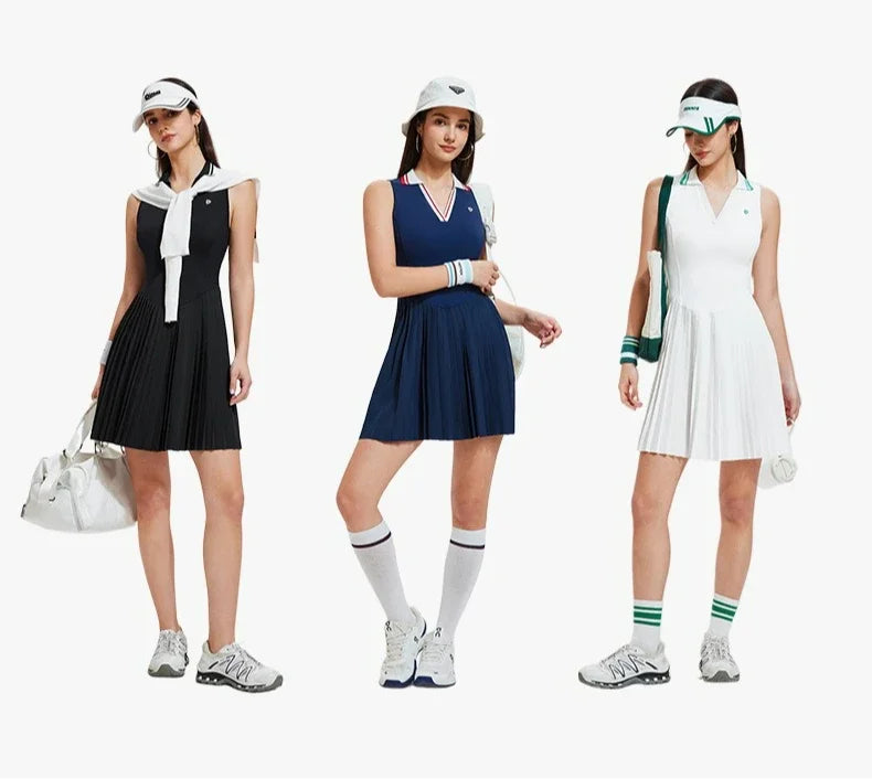 Tennis Dress Women Polo Pleated Golf Traininig Dress V-Neck Sexy Slim Fit Sportswear Quick-Dry Stretchy Outfits