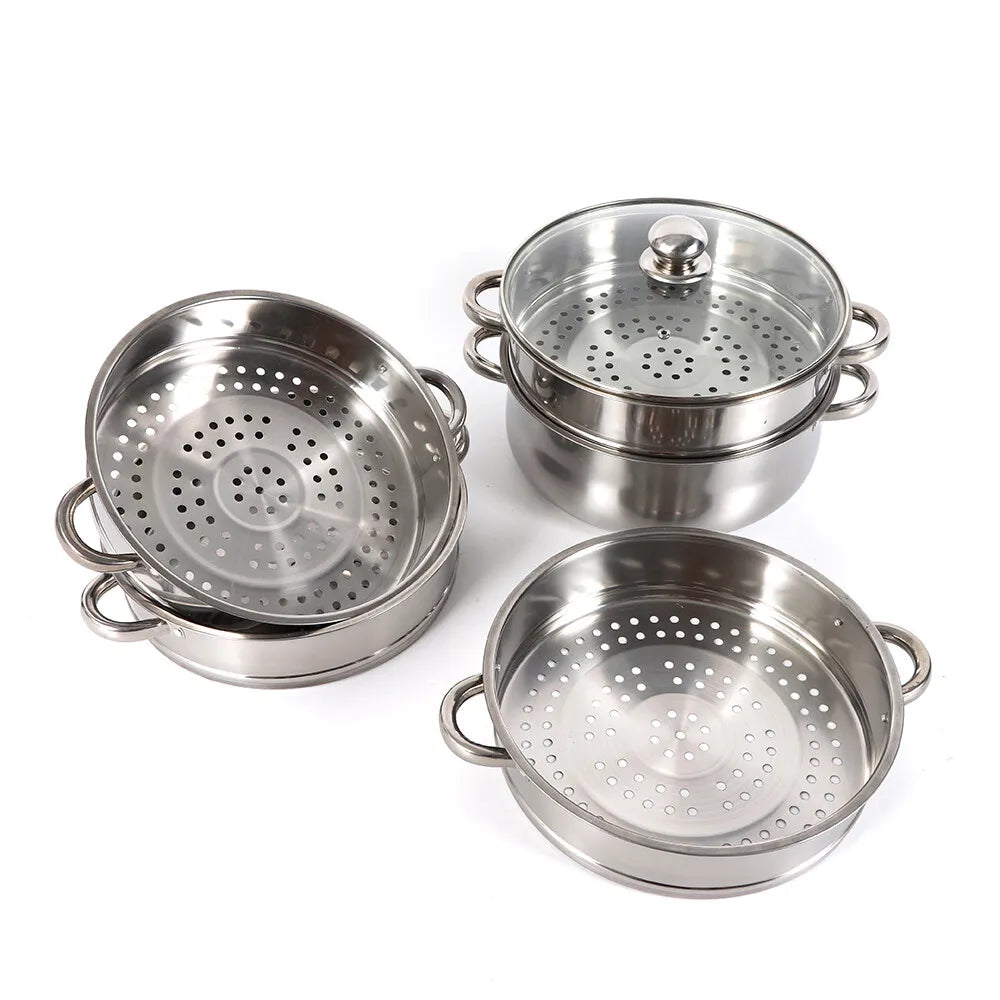 5 Tier Stainless Steel Steamer Pot Set 28cm Large Capacity Stackable Cookware With Glass Lid For Home Kitchen - Buy online at  Vibe In Cart.