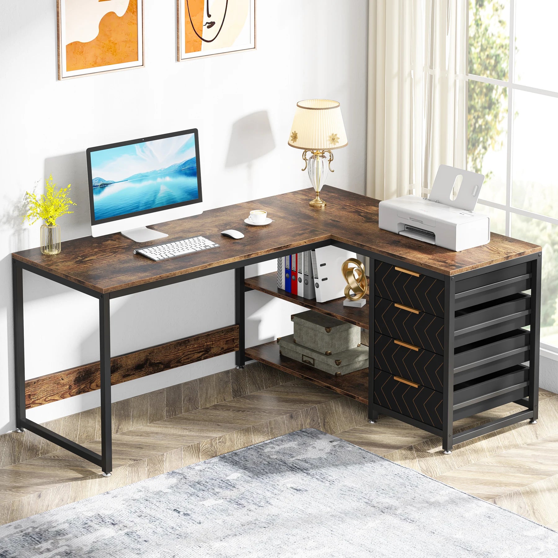 Tribesigns L Shaped Computer Desk with Storage Drawers, 59 inch Corner Desk with Shelves, Reversible L-Shaped Office Desk Study - Buy online at  Vibe In Cart.