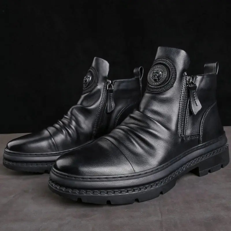 Men's Motorcycle Leather Boots British Style Round Head High Top Shoes Side Zip Walking Casual Platform Boots Bota Masculina - Buy online at  Vibe In Cart.
