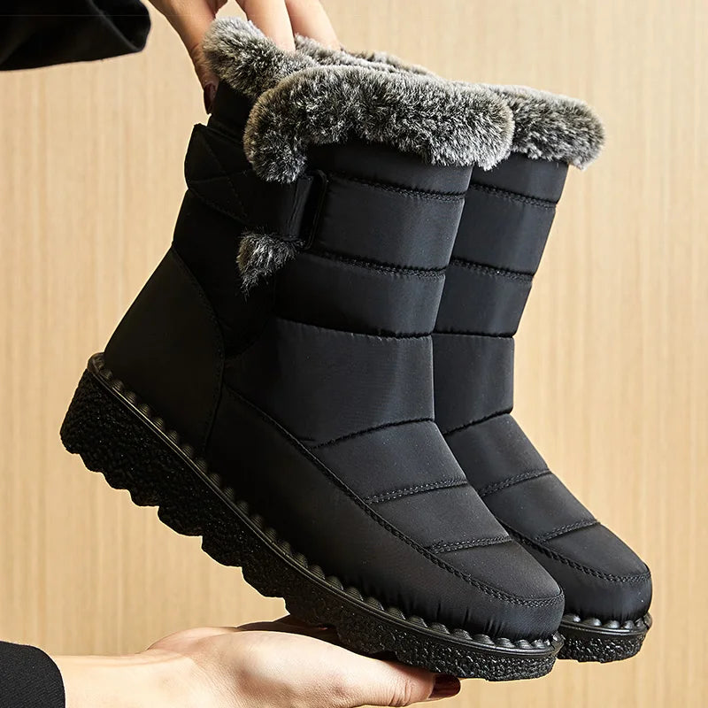 Women's Waterproof Ankle Snow Boots with Low Wedges Heel and Fur