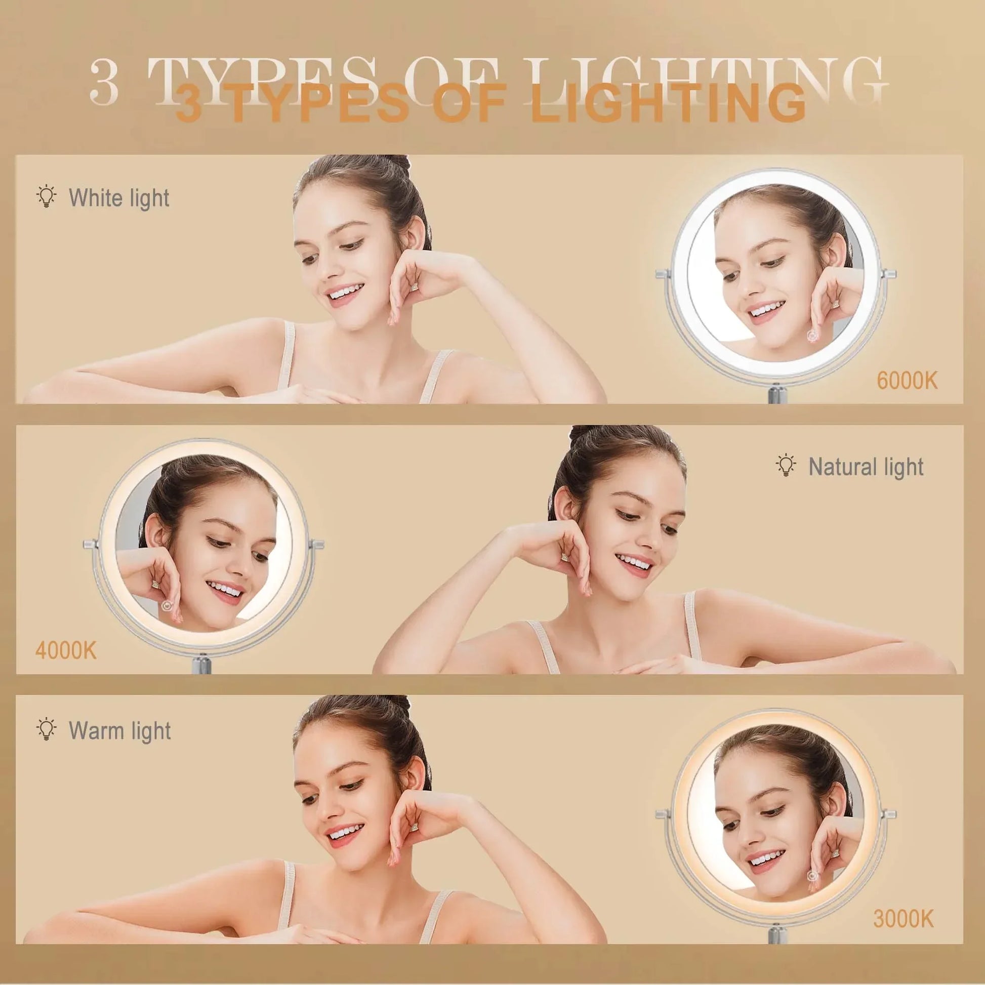 7" Makeup Mirror with Light USB Rechargeable Height Adjustable 1X/10X Magnifying 3 Color lighting 360° Rotation Vanity Mirror - Buy online at  Vibe In Cart.