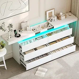 Modern 6-Drawer Dresser，White Storage Cabinet with LED Lights, Wide Chest of Drawers , Organizer for Bedroom,Living Room - Buy online at  Vibe In Cart.