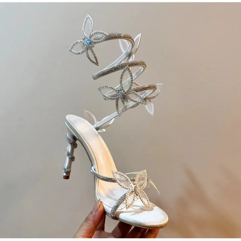 Luxury Crystal Embellished Butterfly Detail Women Sandals Sexy Coiled Strap Thin High heels Gladiator sandals Summer Party Shoes - Buy online at  Vibe In Cart.