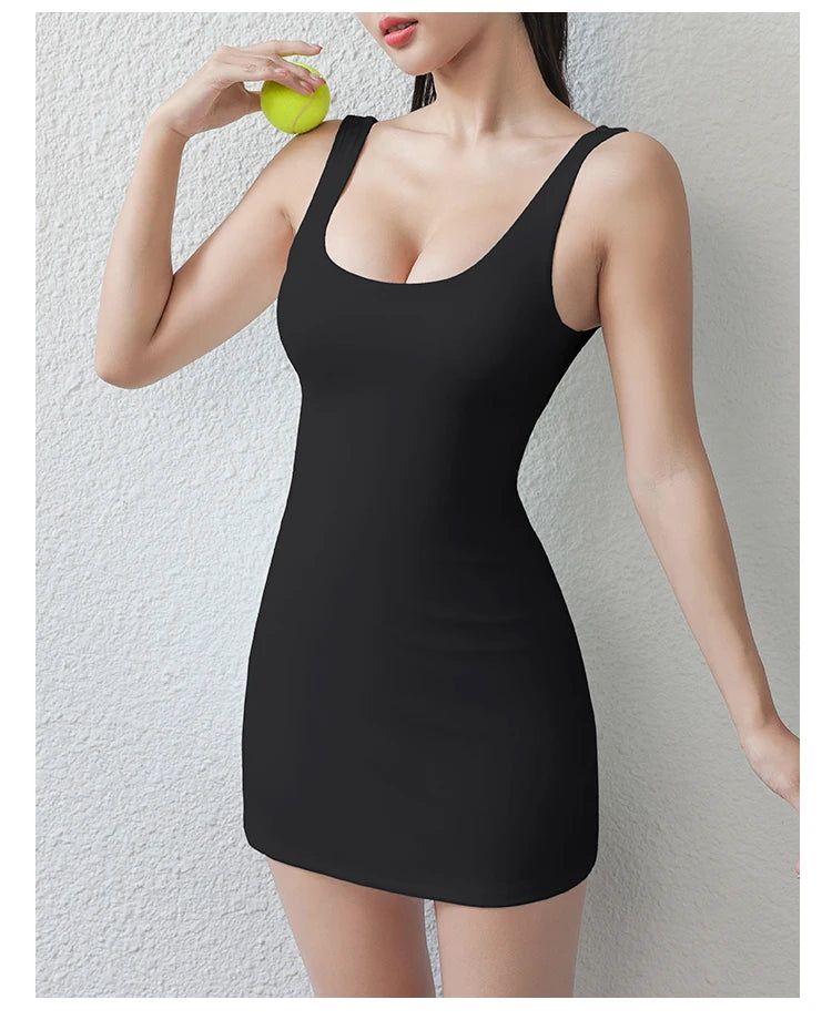 Women Workout Running Tennis Wear With Built in Bra and Shorts Pocket Slim Fit Outdoor Casual Sports Golf Athletic Dress