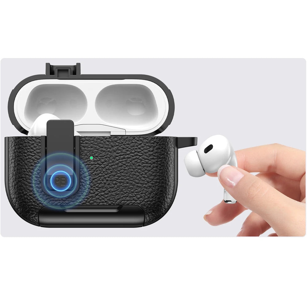 Earphone Protective Case with Leather Texture, Secure Lock, Stand and Wireless Charging Support