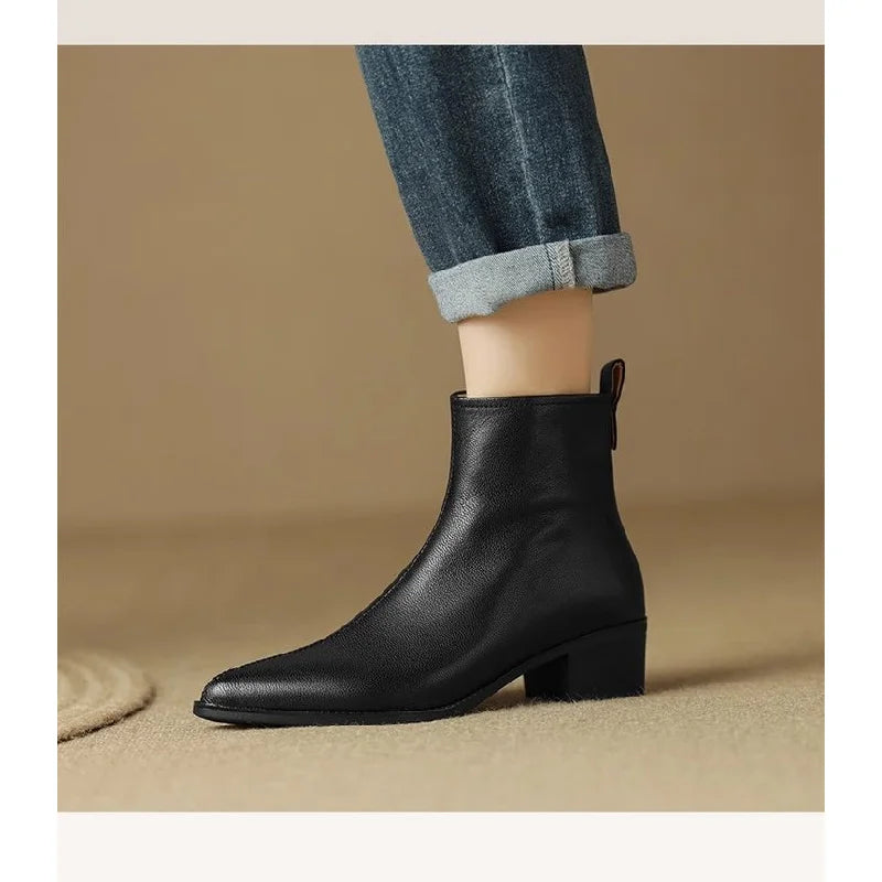 2025 New Women's  Ankle Boots - Minimalist Pointed Toe Mid Heel Booties with Soft Leather & Side Zipper, Slimming Fashion Boots - Buy online at  Vibe In Cart.