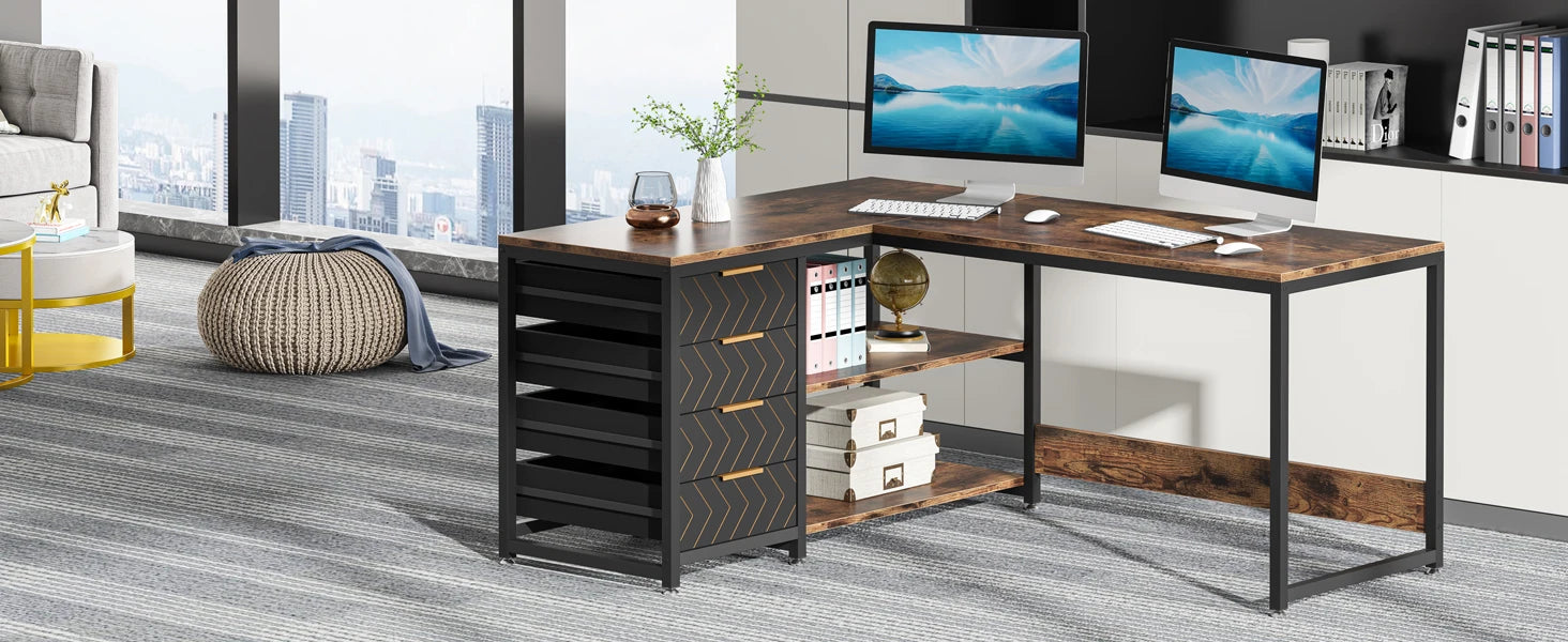 Tribesigns L Shaped Computer Desk with Storage Drawers, 59 inch Corner Desk with Shelves, Reversible L-Shaped Office Desk Study - Buy online at  Vibe In Cart.
