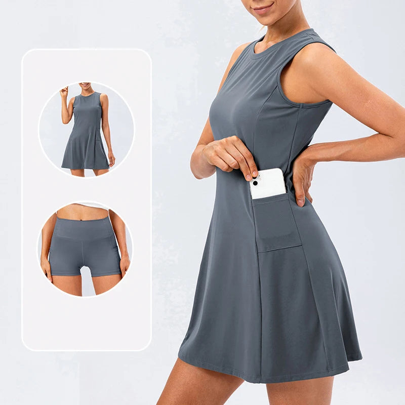 Women's Mini Sleeveless Nylon Tennis Dress with Shorts and Pockets