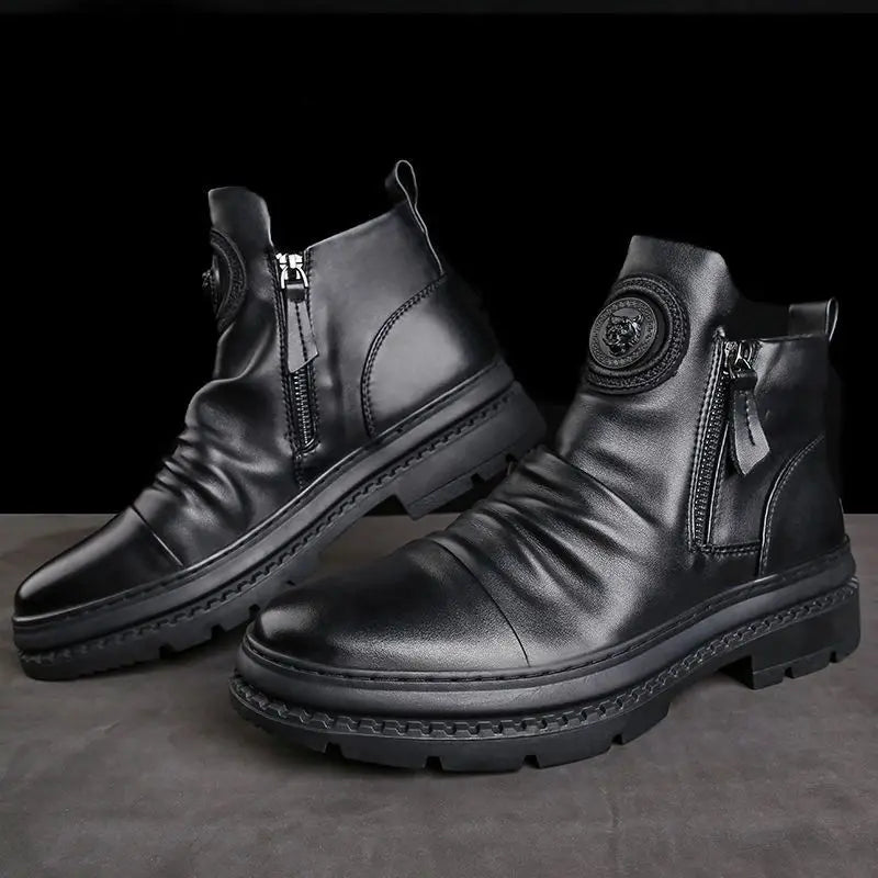 Men's Motorcycle Leather Boots British Style Round Head High Top Shoes Side Zip Walking Casual Platform Boots Bota Masculina - Buy online at  Vibe In Cart.