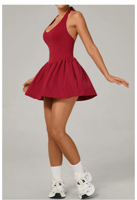 Hanging Neck Tennis Dress Women Solid Color Sleeveless Sports One Piece Pocket Suits Outdoor Running Fitness Yoga Golf Dresses