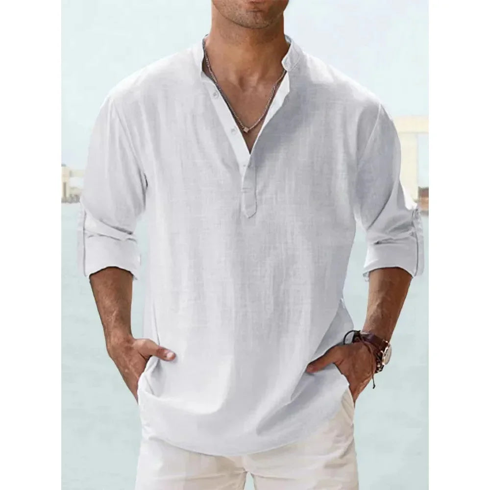 Cotton Linen Hot Sale Men's Short-Sleeved Shirts Summer Solid Color Henley Collar Casual Beach Style Hawaiian Vacation - Buy online at  Vibe In Cart.
