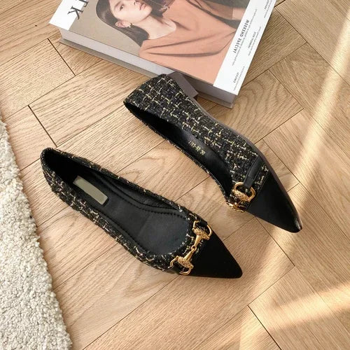 Women's Pointed Toe Low-Heeled Slip-On Flats with Metal Decoration
