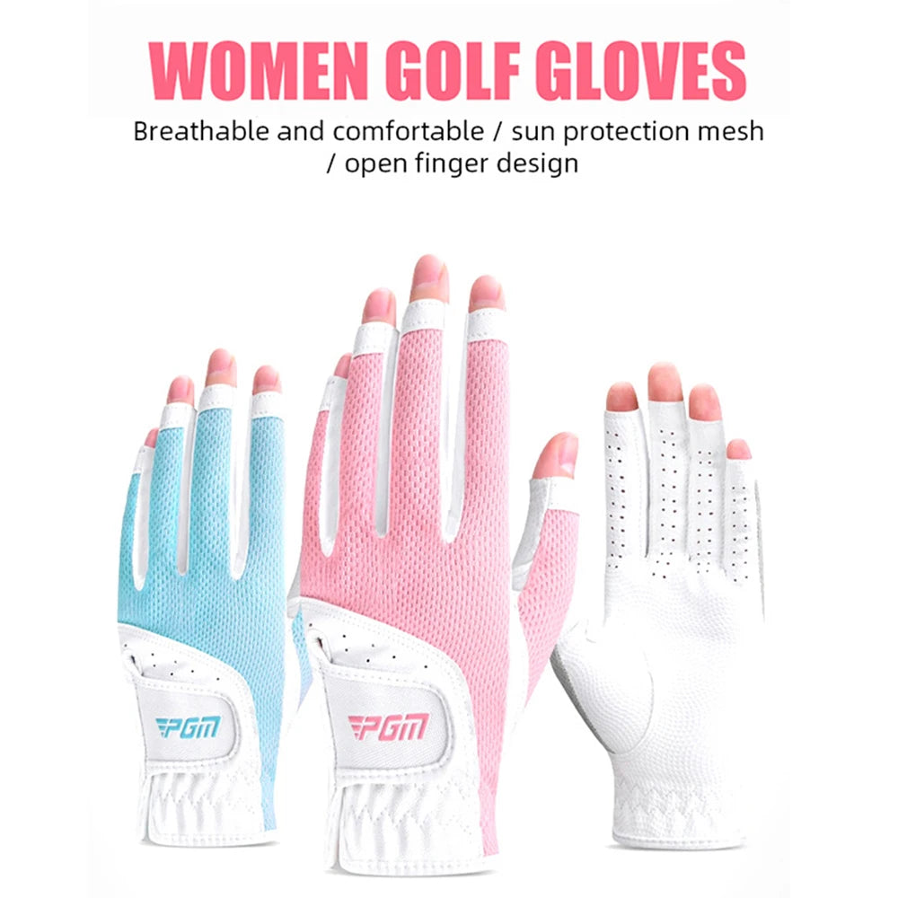 Women's Open Finger Adjustable Breathable Mesh PU Golf Gloves