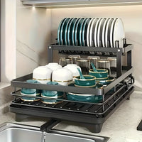 Double-tier extendable dish drainer, suitable for kitchen worktops as a large-capacity utensil rack and draining board. - Buy online at  Vibe In Cart.