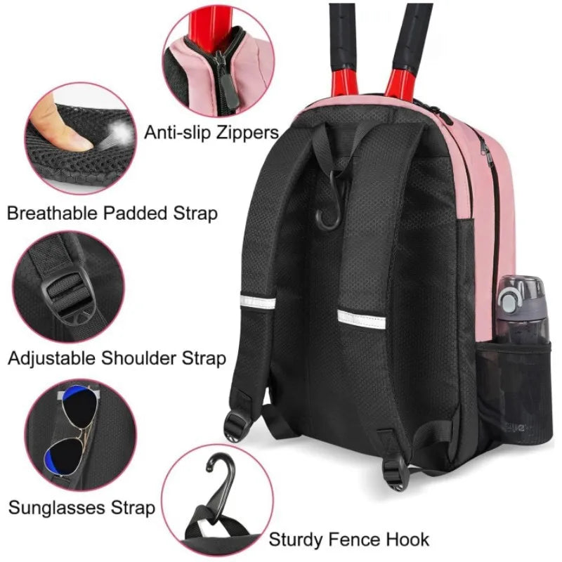Large Capacity Tennis Backpack Sports Racket Pack Holds 1-2 Tennis Rackets Outdoor Badminton Bag With Shoe Pocket Black Pink - Buy online at  Vibe In Cart.