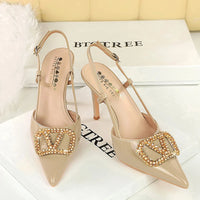 Women Metal Decoration 9cm High Heels Sandals Female Patent Leather Back Strap Pumps Lady Pointed-toe Shallow Crystal Shoes - Buy online at  Vibe In Cart.