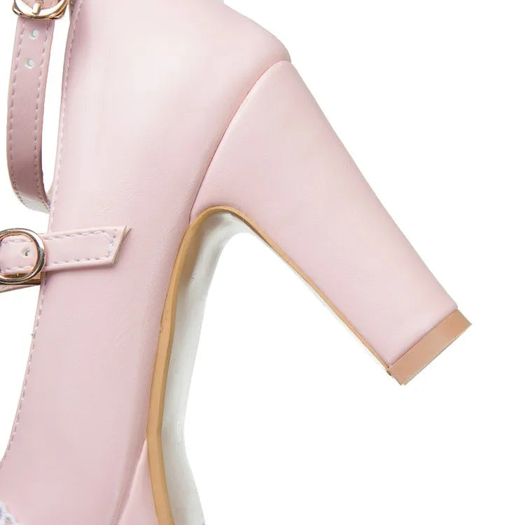 New high-heeled women's single shoes, white lace frills princess shoes, cute pink student party gathering high heels, thick-heel - Buy online at  Vibe In Cart.