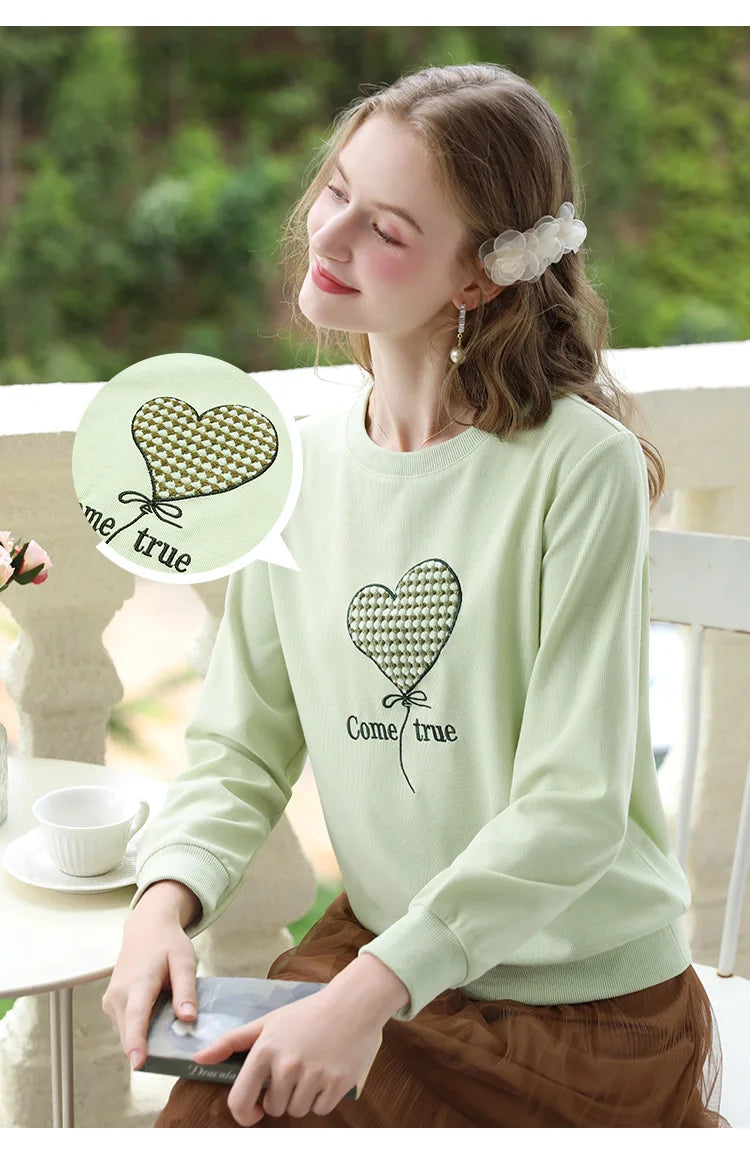 Women's Green Waffle Knitted Loose O-Neck Pullover Hoodie with Embroidery